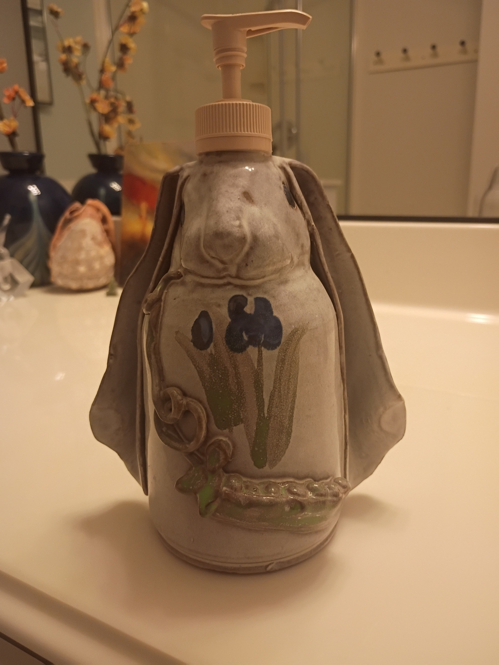 Ceramic Bunny Soap Dispenser with Blue Floral Accent